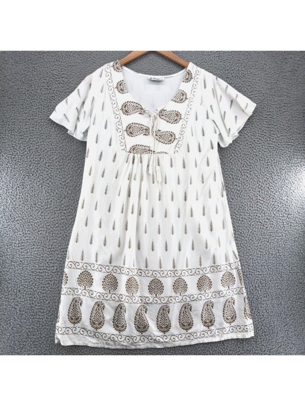 Lapogee Dress Womens Medium White Paisley Feather Mini Short Sleeve Peasant Tie
